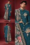 Teal Embroidered Indo-Western Sherwani Set