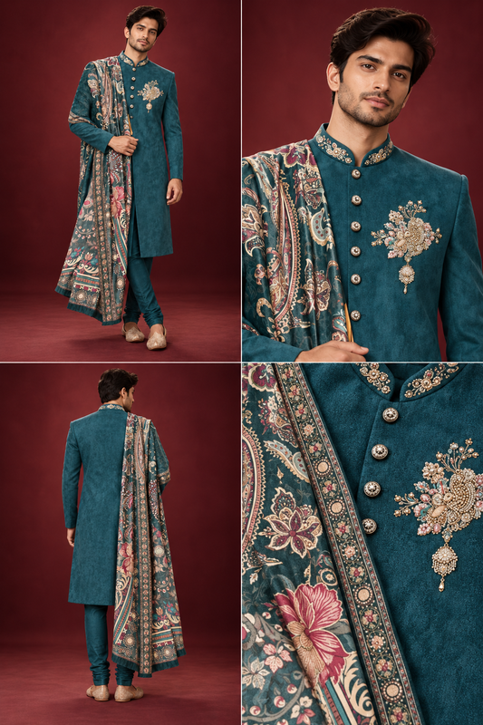 Teal Embroidered Indo-Western Sherwani Set