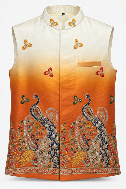 Ivory to Burnt Orange Peacock Embroidered Modi Jacket