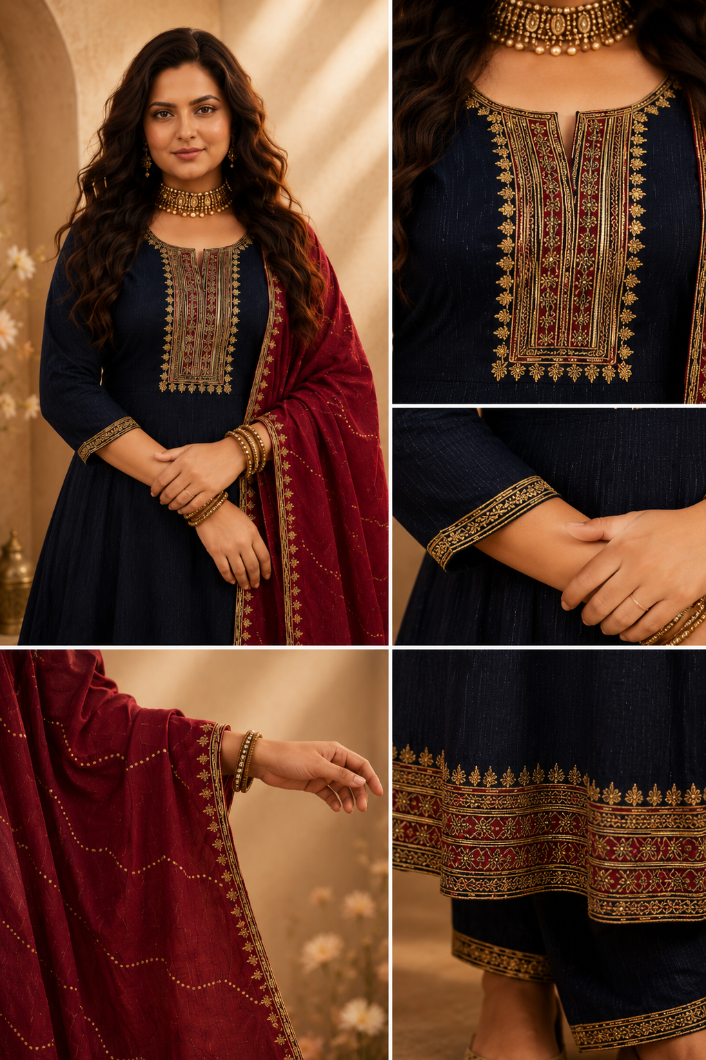 Royal Midnight Blue Embroidered Anarkali Suit Set with Maroon Dupatta