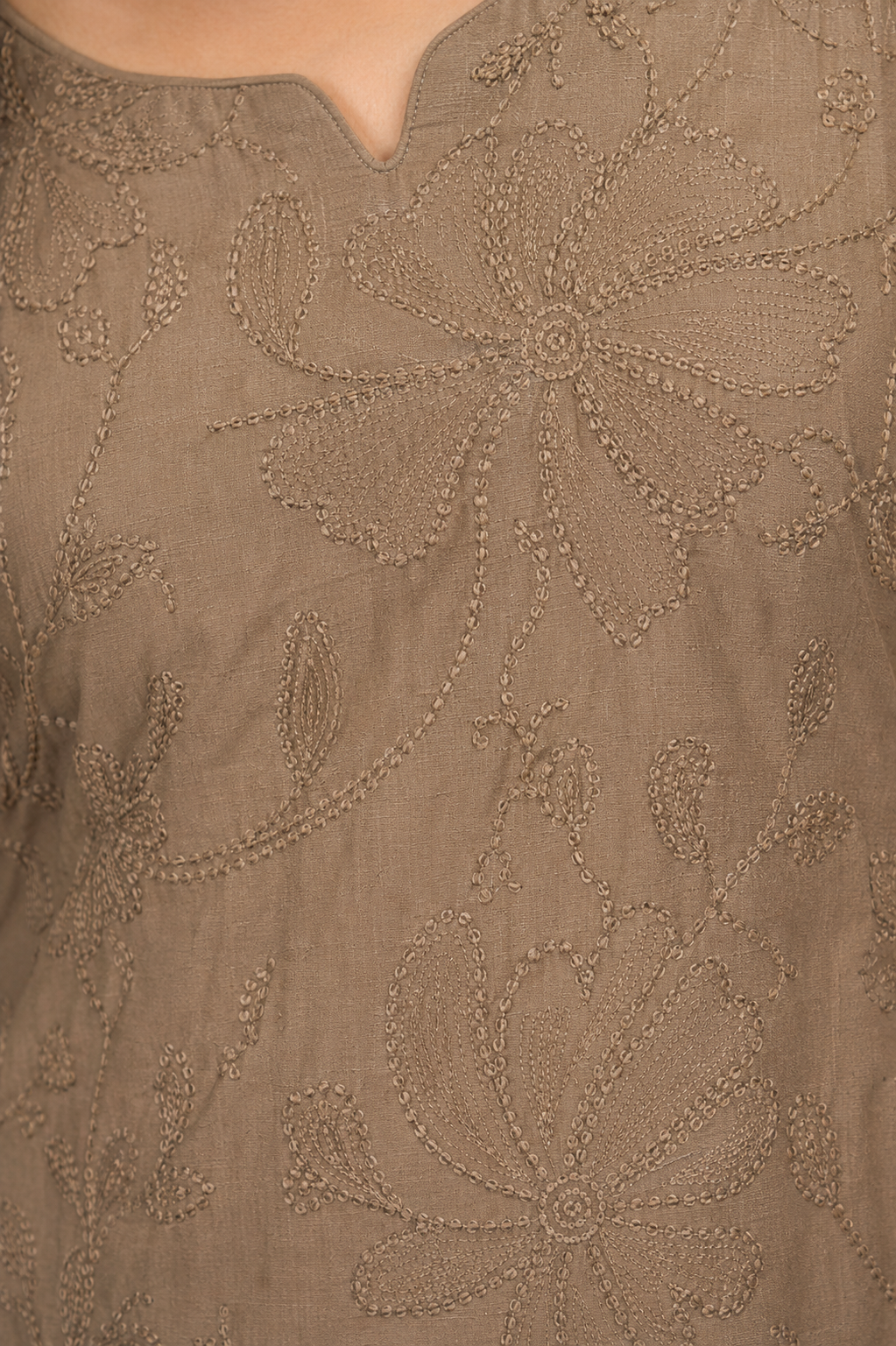 Women's Taupe Floral Embroidered Straight Kurta Pant Set
