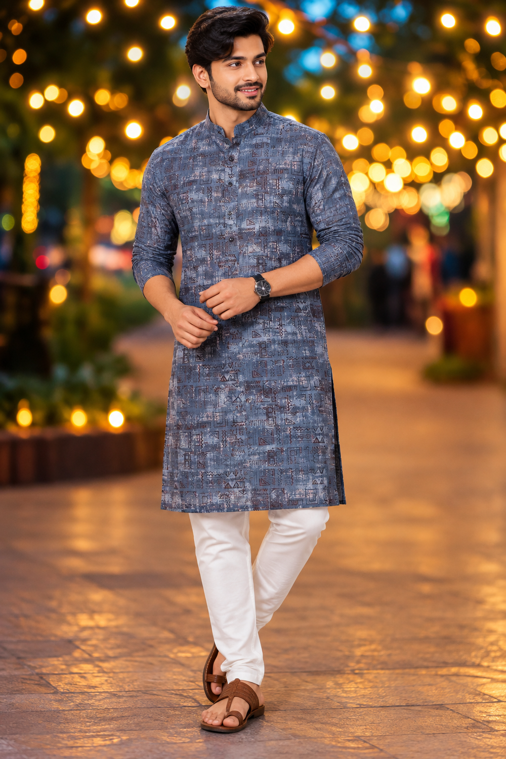 Men’s Steel Blue Abstract Print Only Kurta