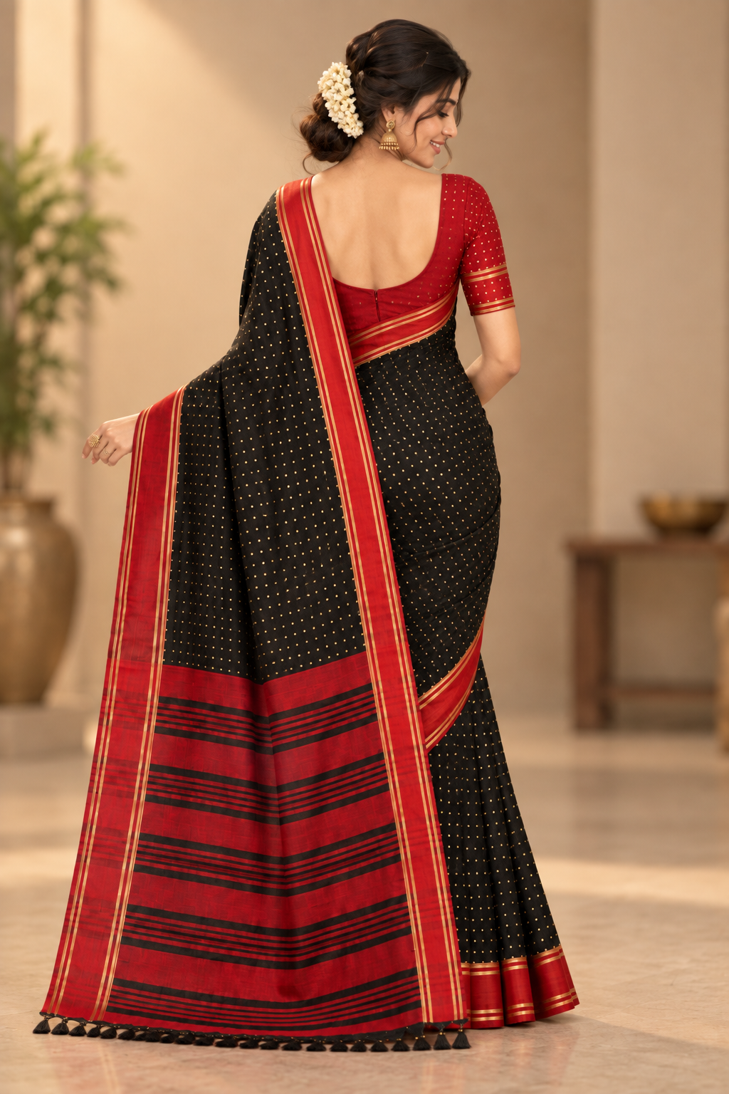 Black & Red Polka  Saree with Traditional Border