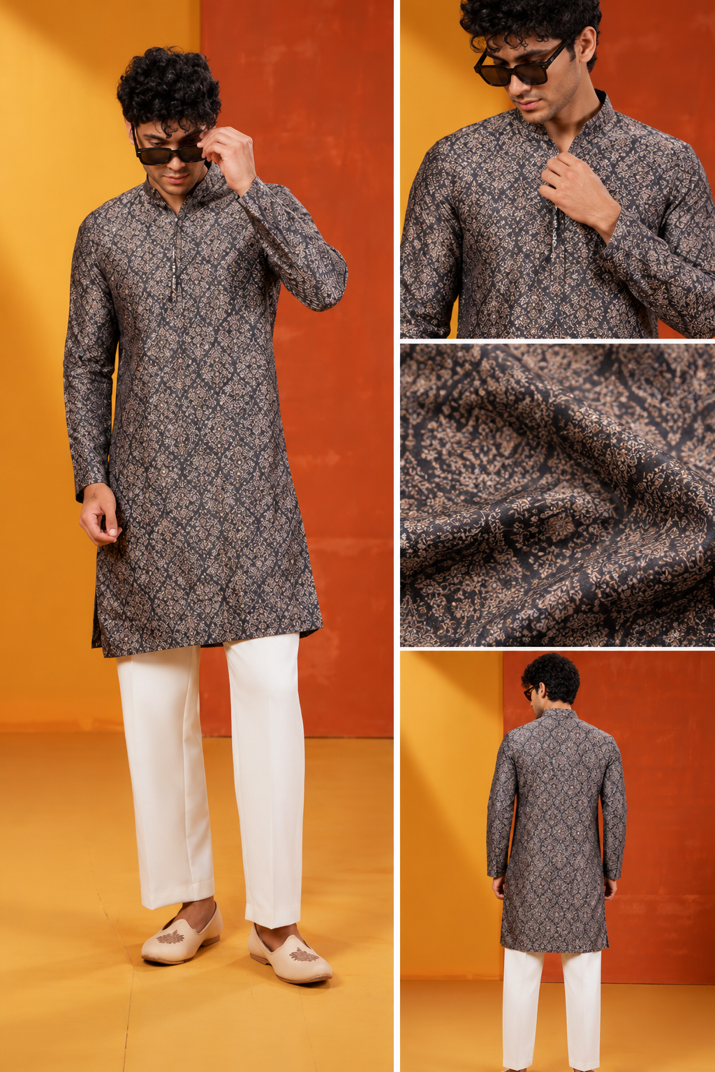 Men's Premium Charcoal Grey Printed Kurta Set