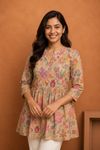 Women's Cream Floral Printed Short Kurti