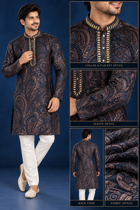 Navy Paisley Embroidered Festive Kurta Set