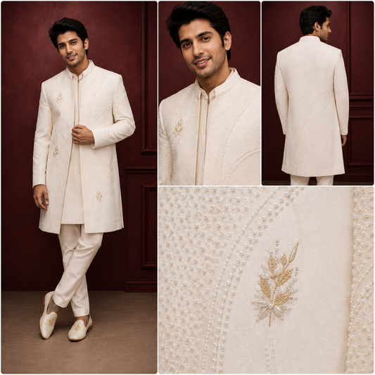Ivory Textured Indo-Western Sherwani Set