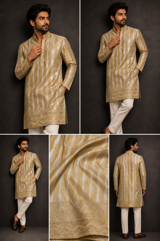 Antique Gold Jacquard Festive Kurta Set