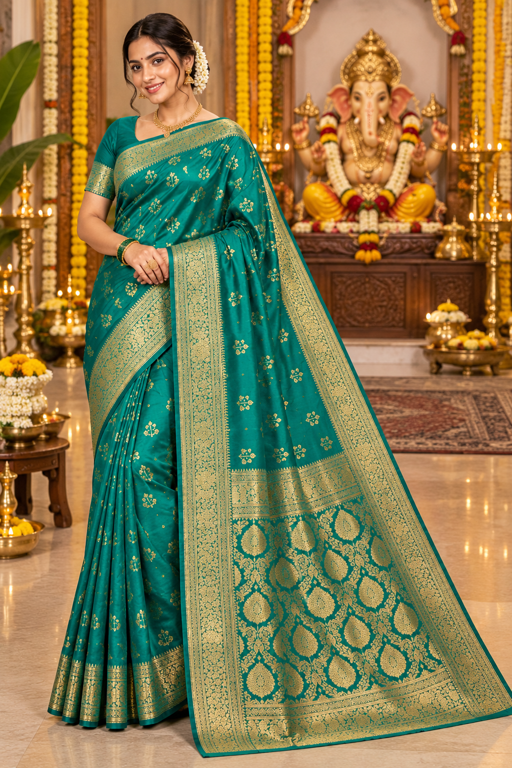 Teal Green Banarasi Silk Saree with Rich Golden Zari