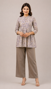 Women’s Lavender Floral Printed Peplum Kurti with Taupe Palazzo