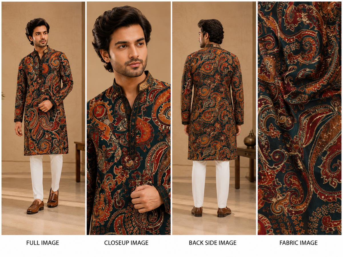 Teal Paisley Printed Festive Kurta for Men