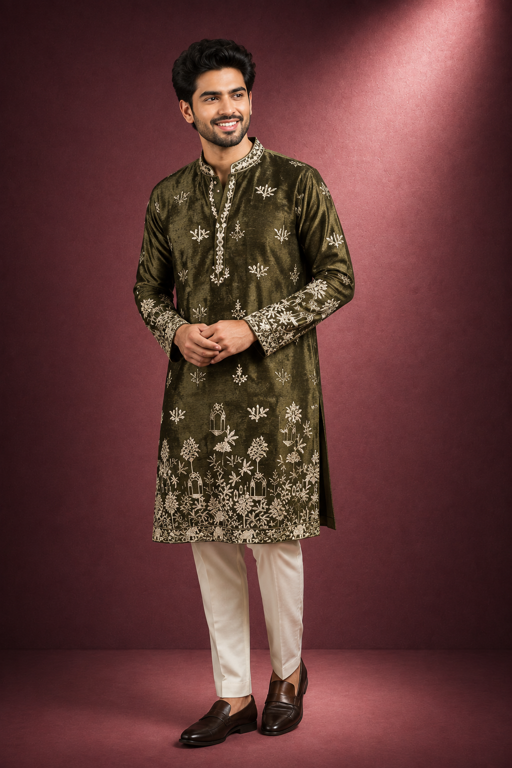 Olive Green Embroidered Kurta for Men