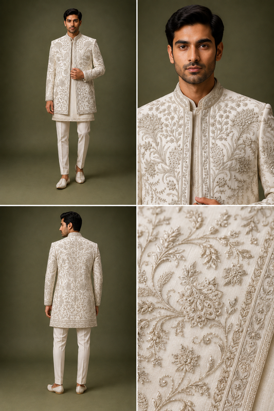 Ivory Silver Embroidered Groom Sherwani Set