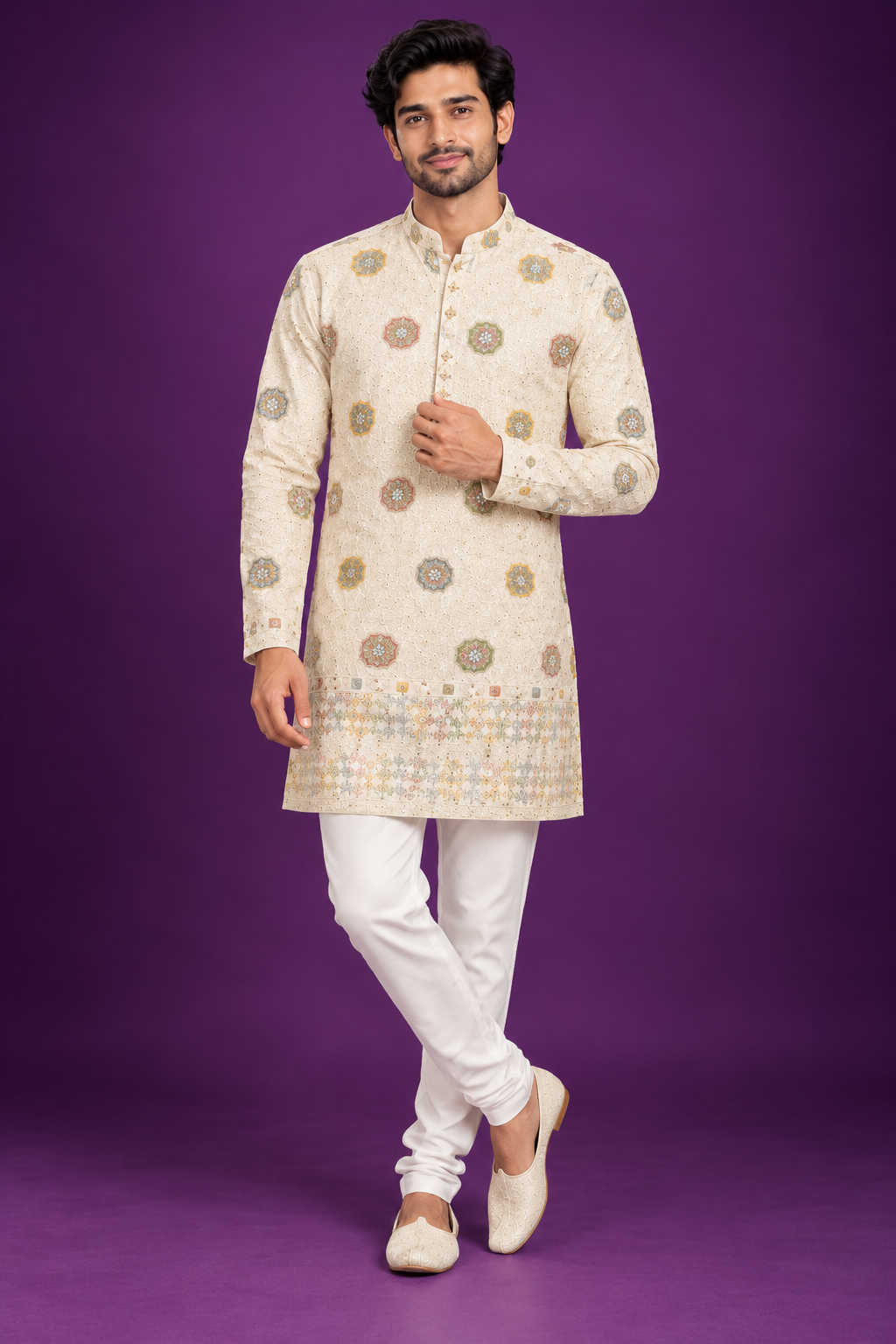 Ivory Embroidered Festive Kurta for Men