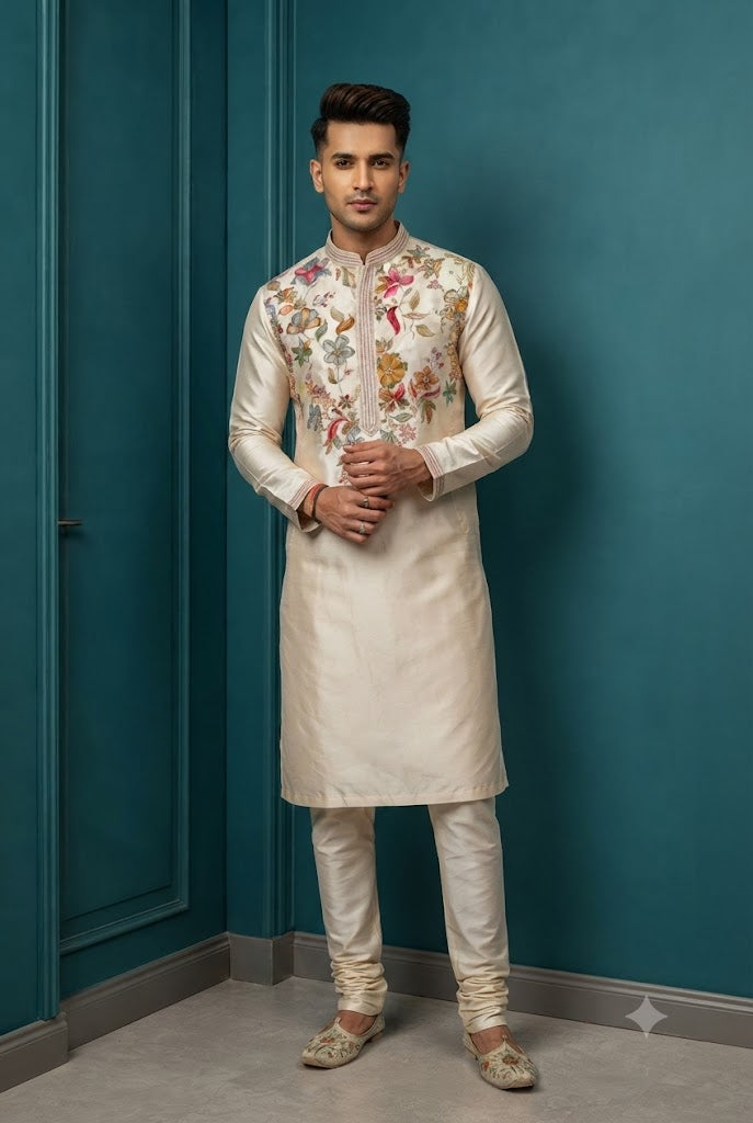 Ivory Floral Embroidered Festive Kurta