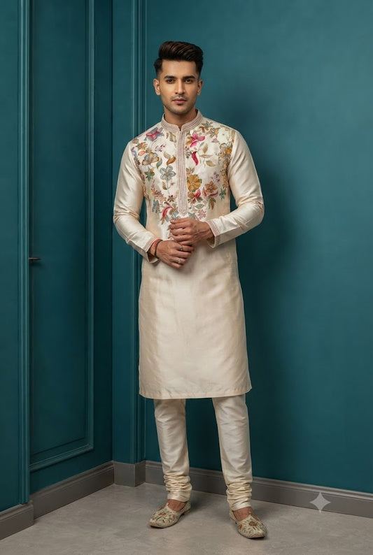 Ivory Floral Embroidered Festive Kurta