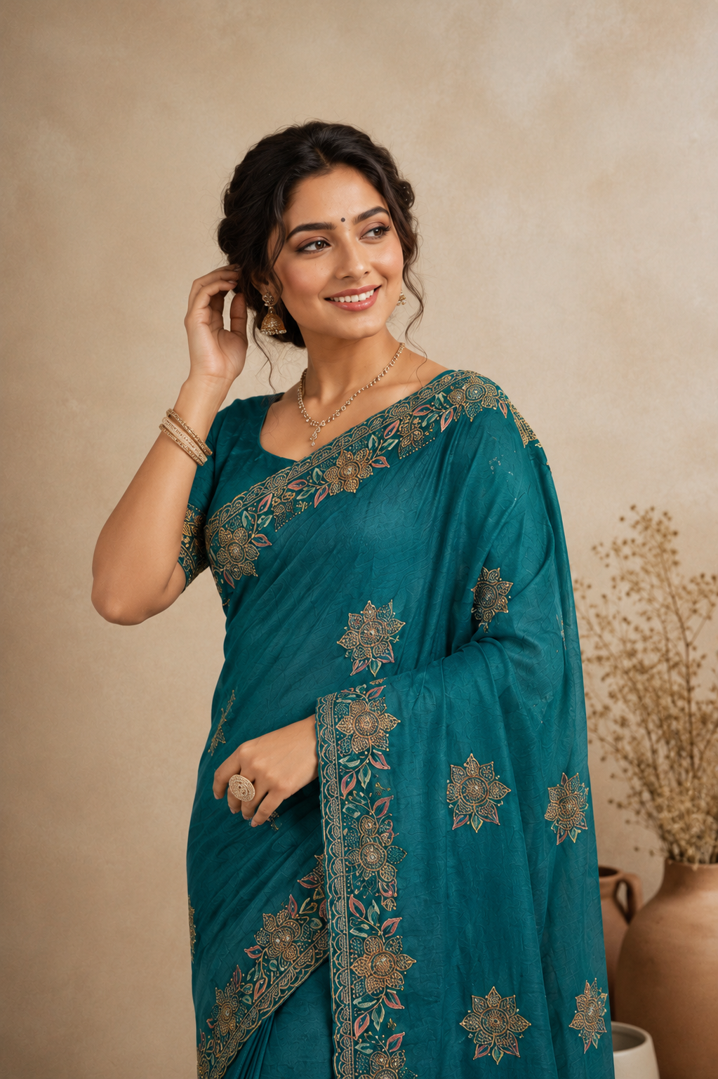 Embroidered Silk Blend Saree with Elegant Floral Zari Border
