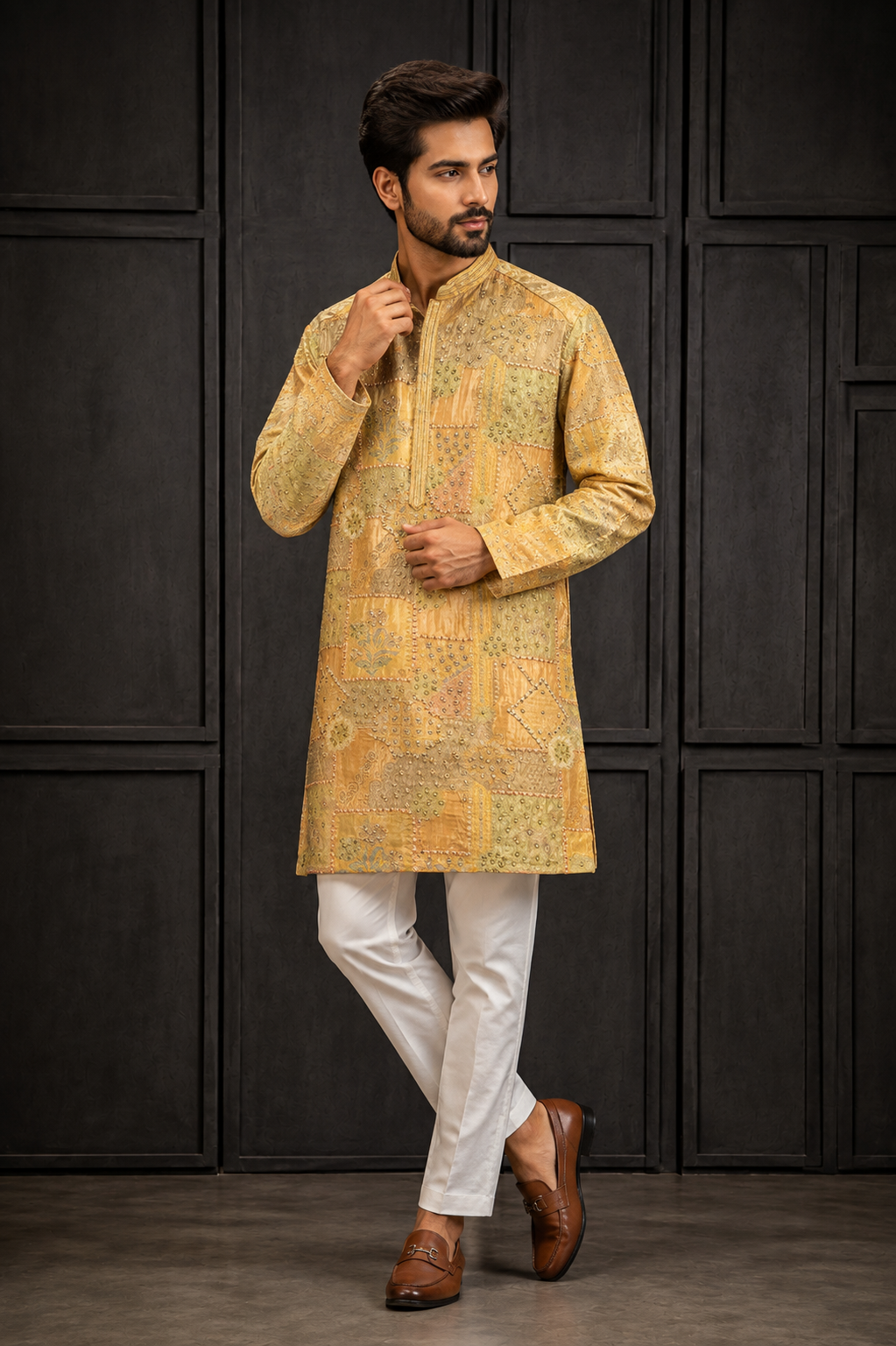 Mustard Yellow Patchwork Embroidered Kurta Set for Men