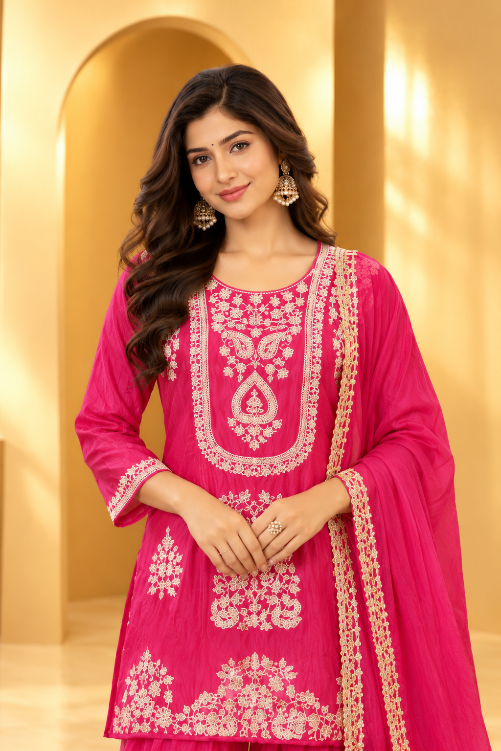 Elegant Rani Pink Embroidered Kurta Palazzo Set with Dupatta