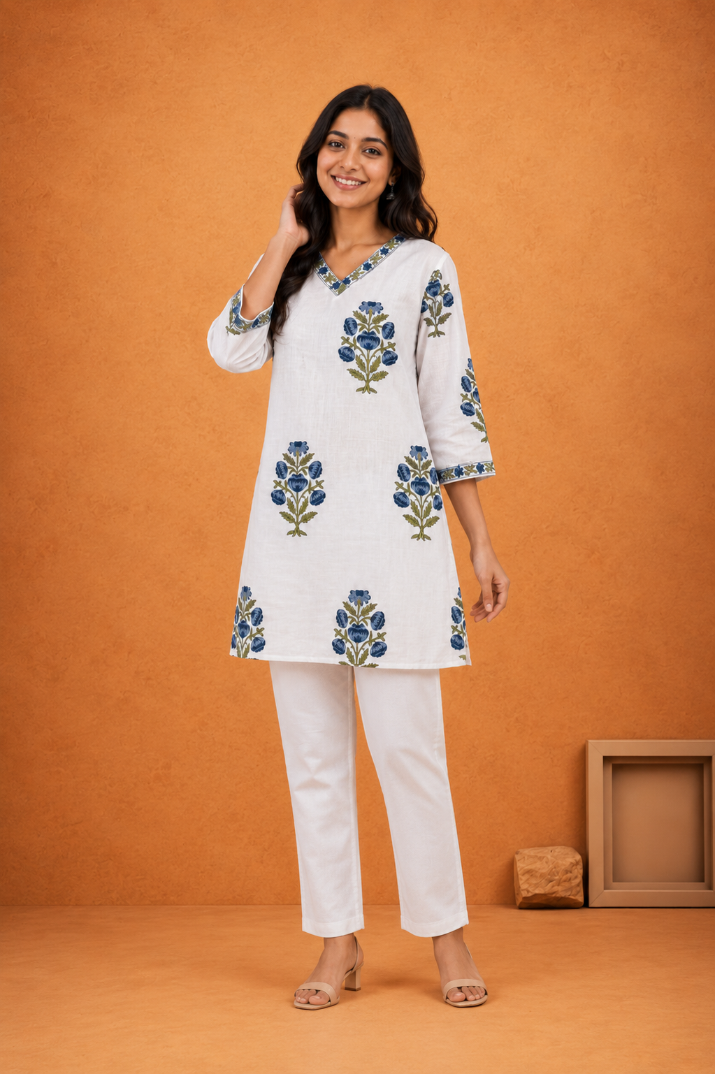 Women's White Floral Printed Straight Kurti