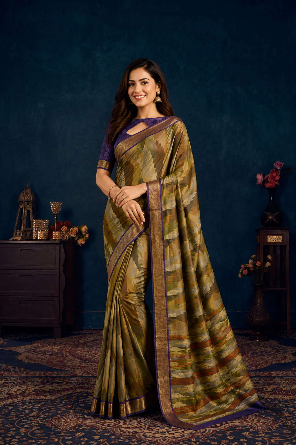 Olive Green Abstract Print Saree with Royal Purple & Gold Zari Border