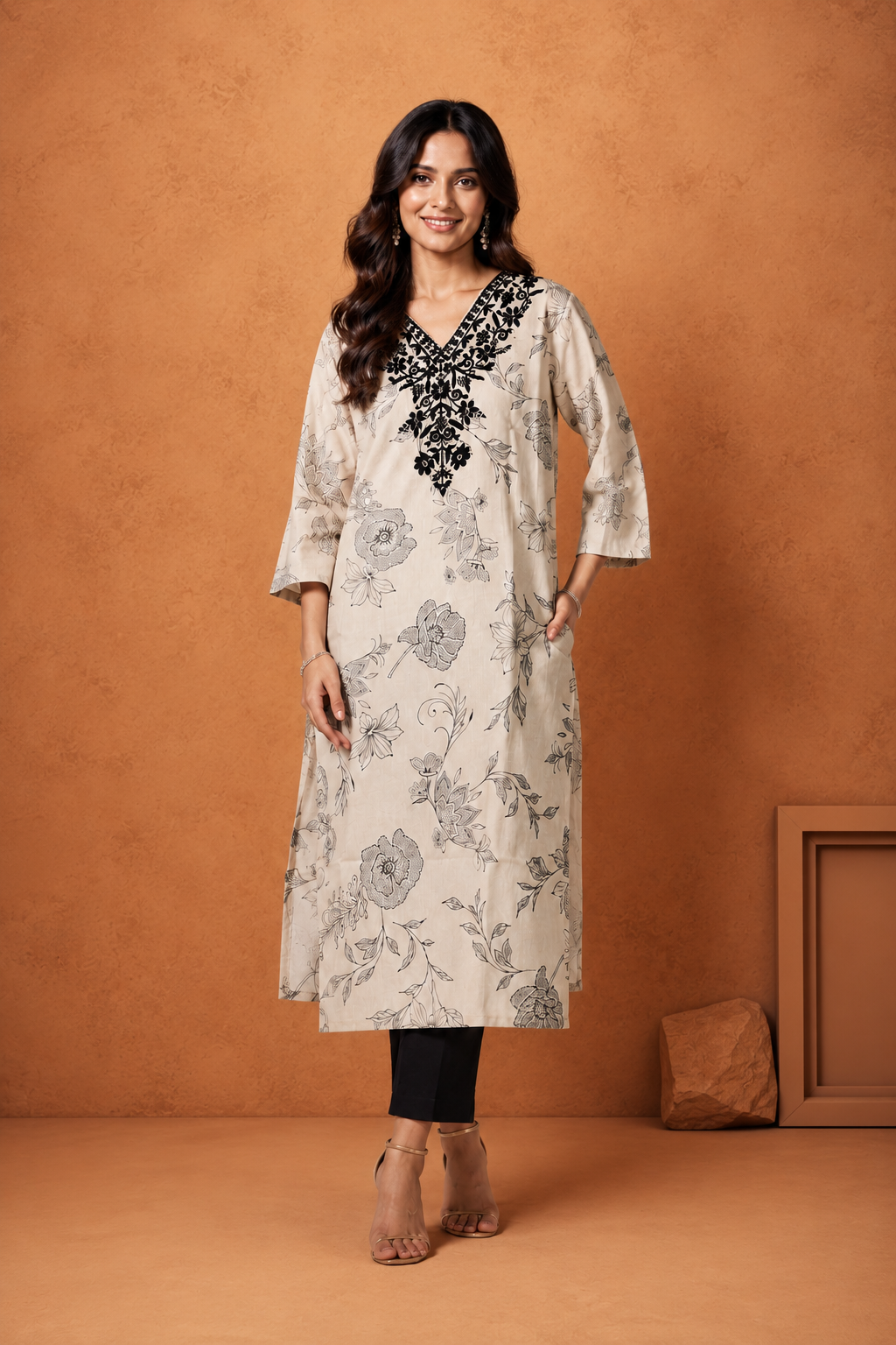 Elegant Beige Floral Printed Embroidered Kurti for Women