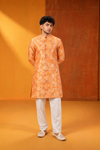 Peach Orange Floral Brocade Men’s Festive Kurta Set