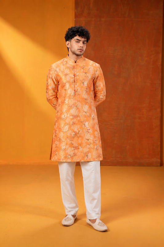 Peach Orange Floral Brocade Men’s Festive Kurta Set