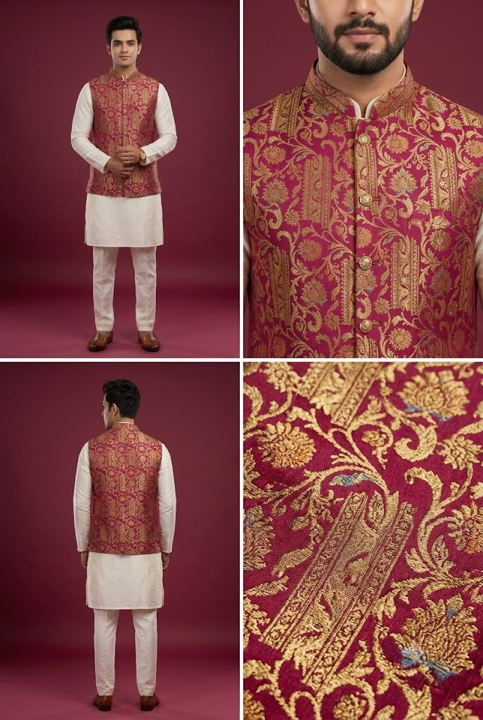 Maroon Brocade Nehru Jacket