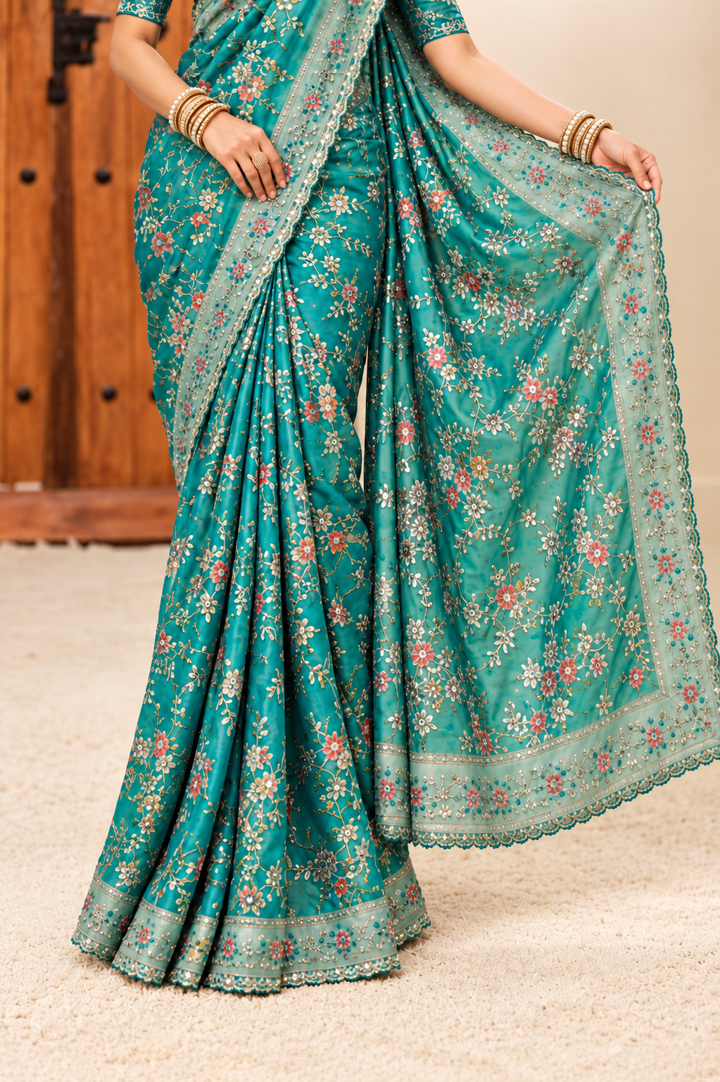 Teal Floral Embroidered Designer Saree
