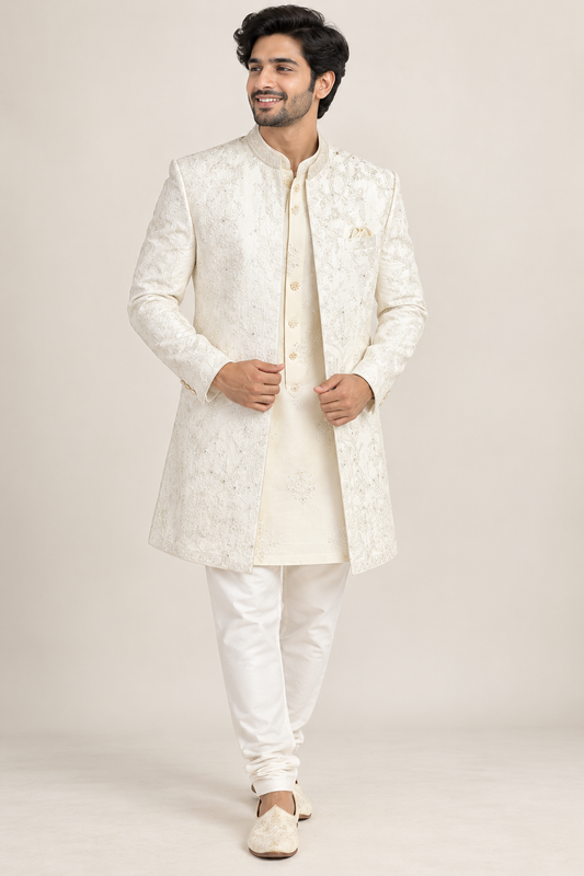 Men’s Ivory Embroidered Indo-Western Jacket Set