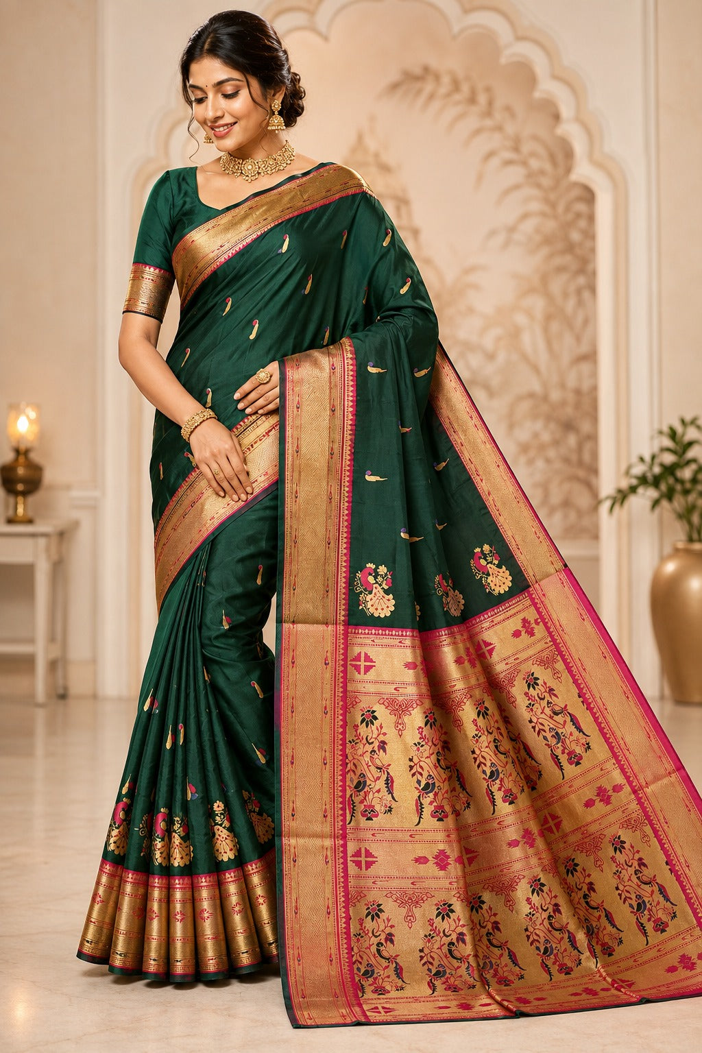 Emerald Green Paithani Saree with Traditional Peacock Pallu