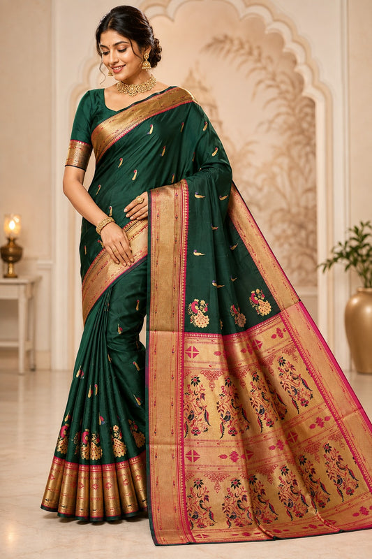 Emerald Green Paithani Saree with Traditional Peacock Pallu