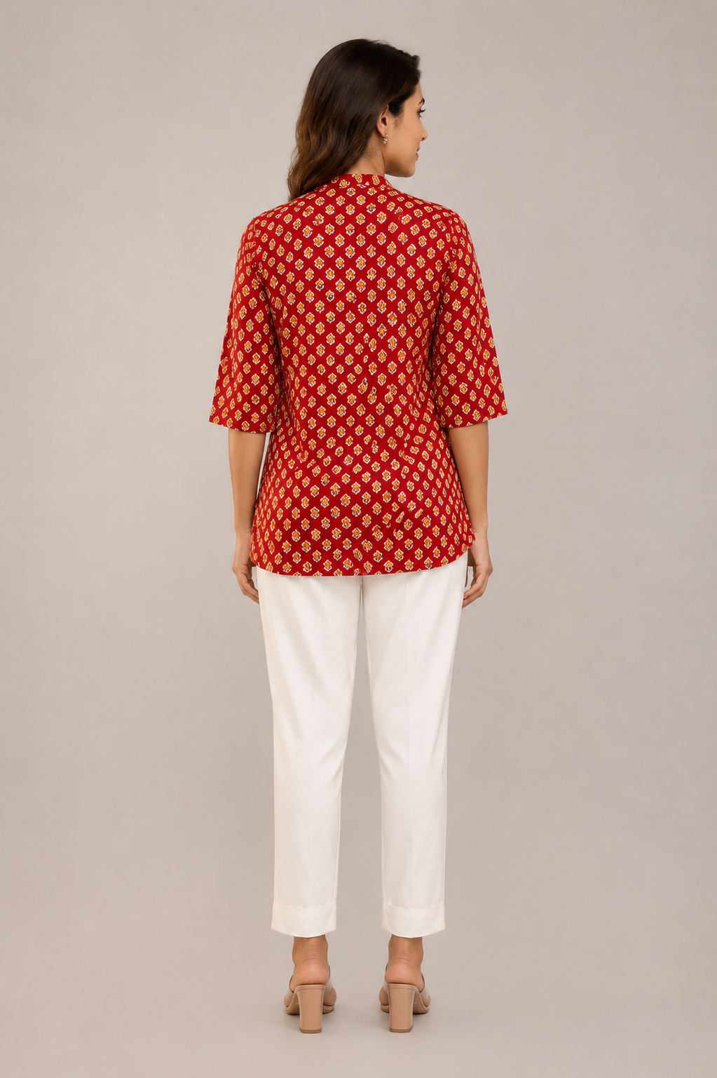 Women’s Red Floral Printed Rayon Tunic with White Pants Set