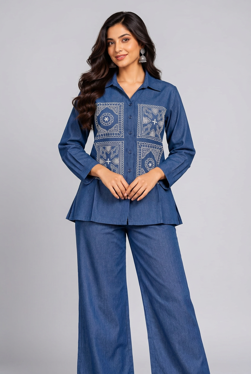 Women's Denim Blue White Embroidered Co-Ord Set