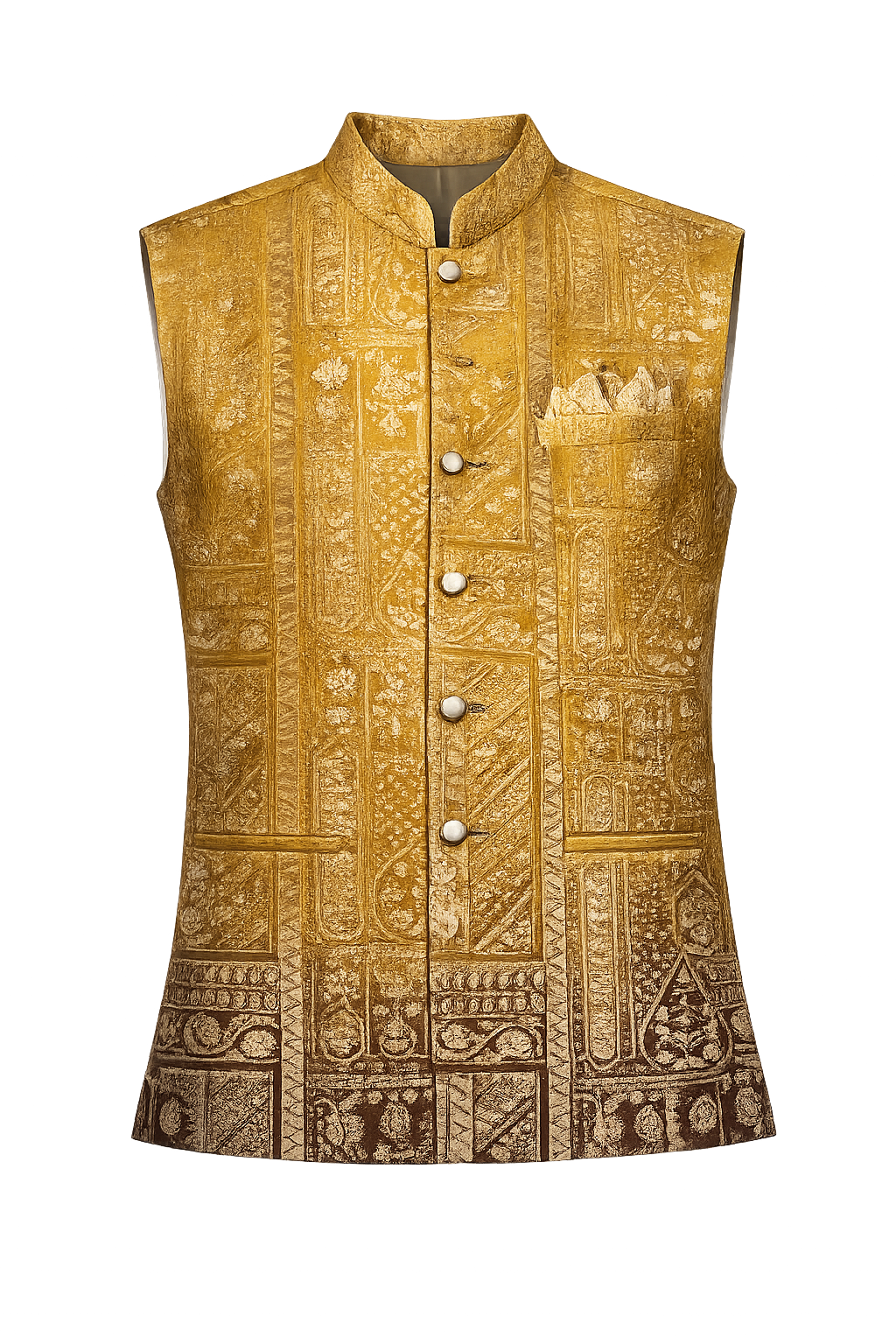 Men's Mustard Gold Jacquard Nehru Jacket | Premium Ethnic Wedding Waistcoat