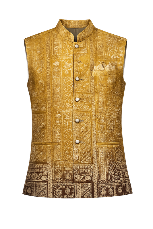 Men's Mustard Gold Jacquard Nehru Jacket | Premium Ethnic Wedding Waistcoat