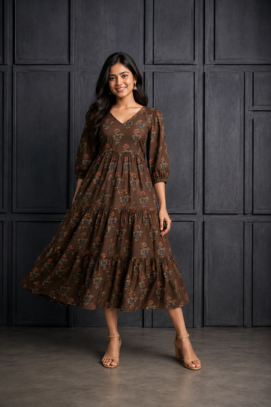 Chocolate Brown Floral Printed Tiered Midi Dress
