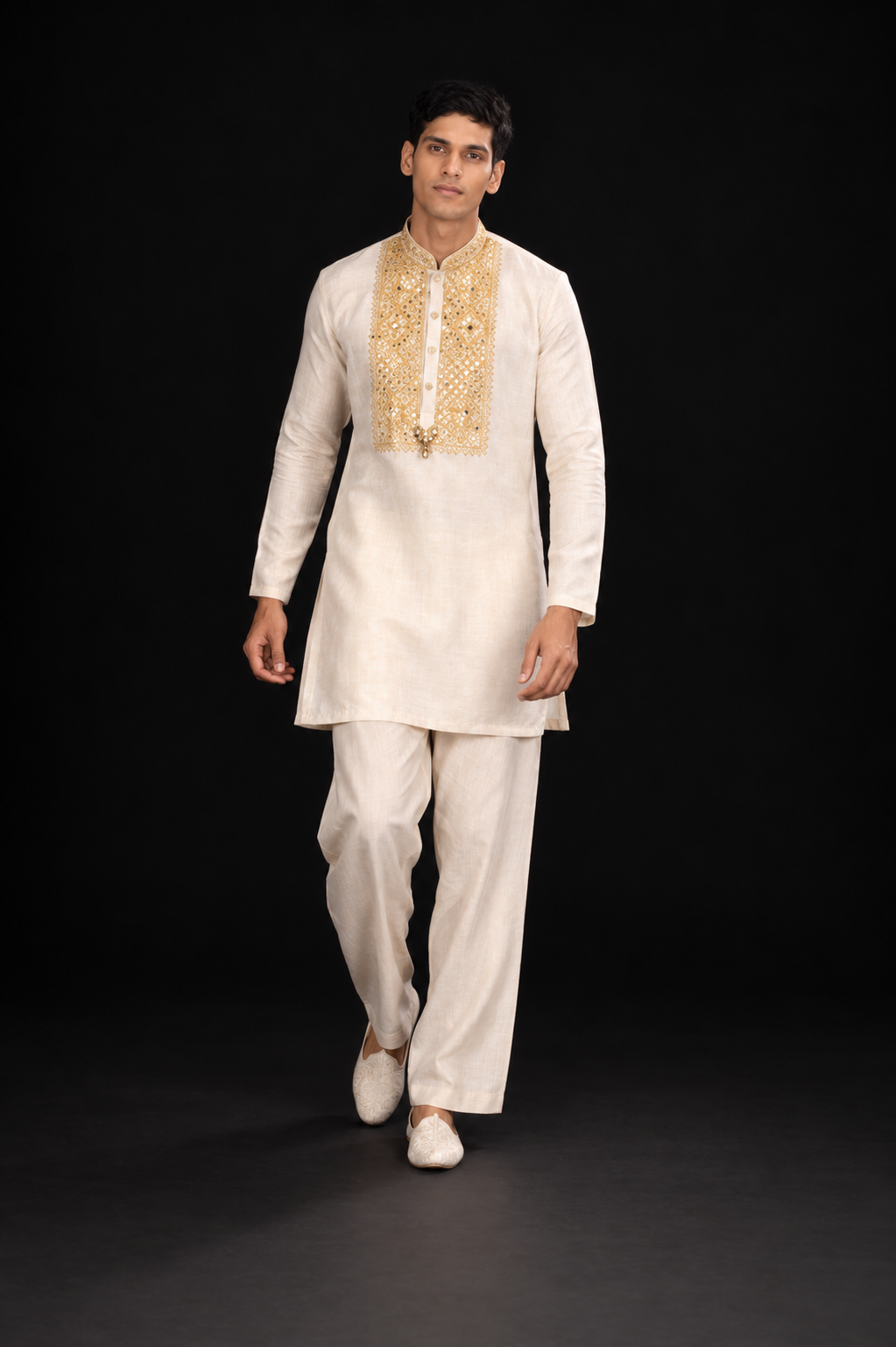 Ivory Kurta with Golden Embroidered Panel