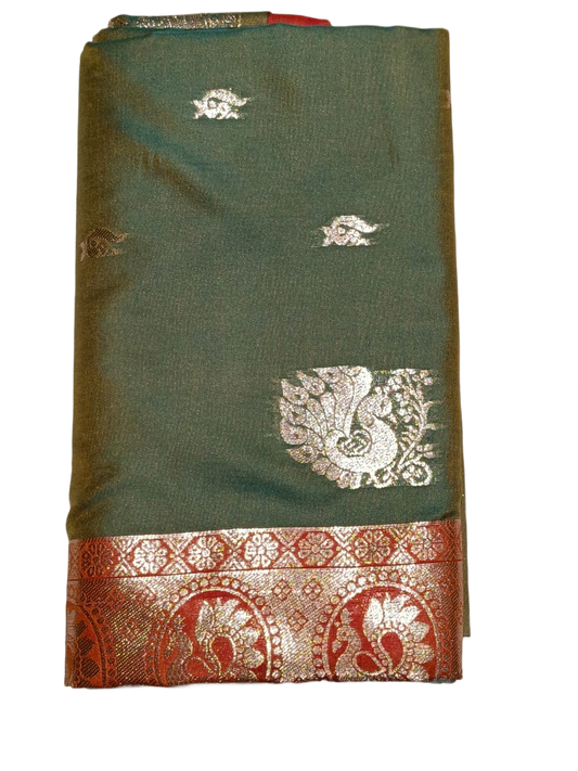 Teal Green Banarasi Saree with Rich Red Zari Pallu