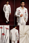 Ivory Floral Embroidered Jacket Set for Men