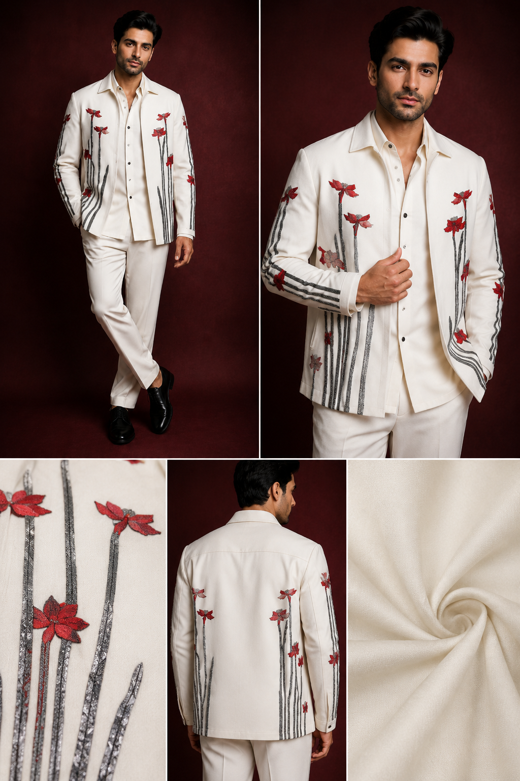 Ivory Floral Embroidered Jacket Set for Men