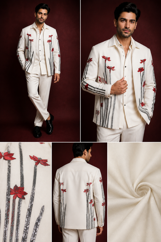 Ivory Floral Embroidered Jacket Set for Men