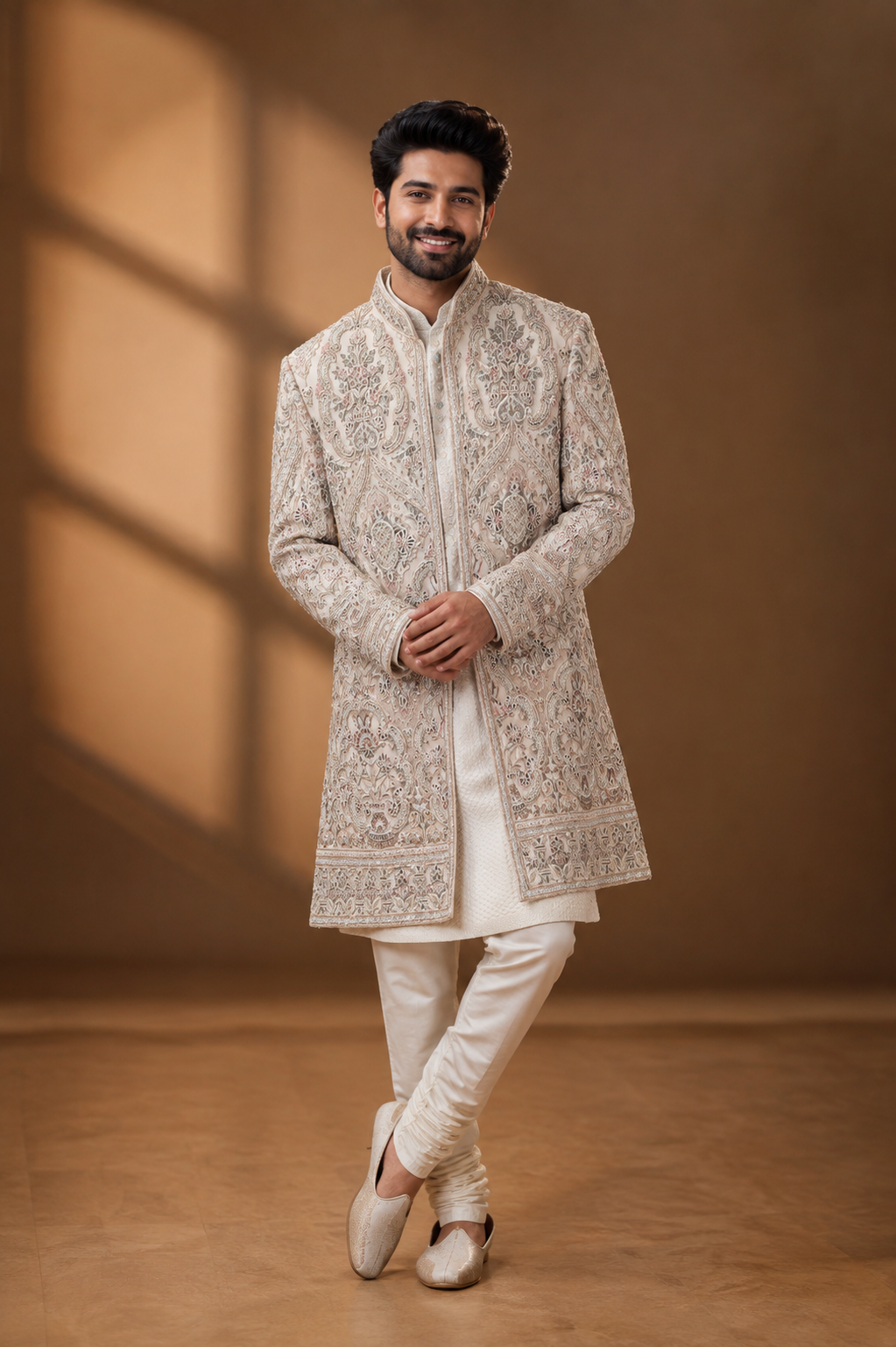 Ivory Heavy Embroidered Indo-Western Sherwani Set