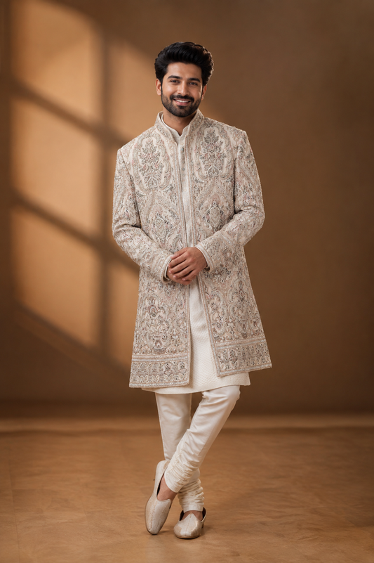 Ivory Heavy Embroidered Indo-Western Sherwani Set