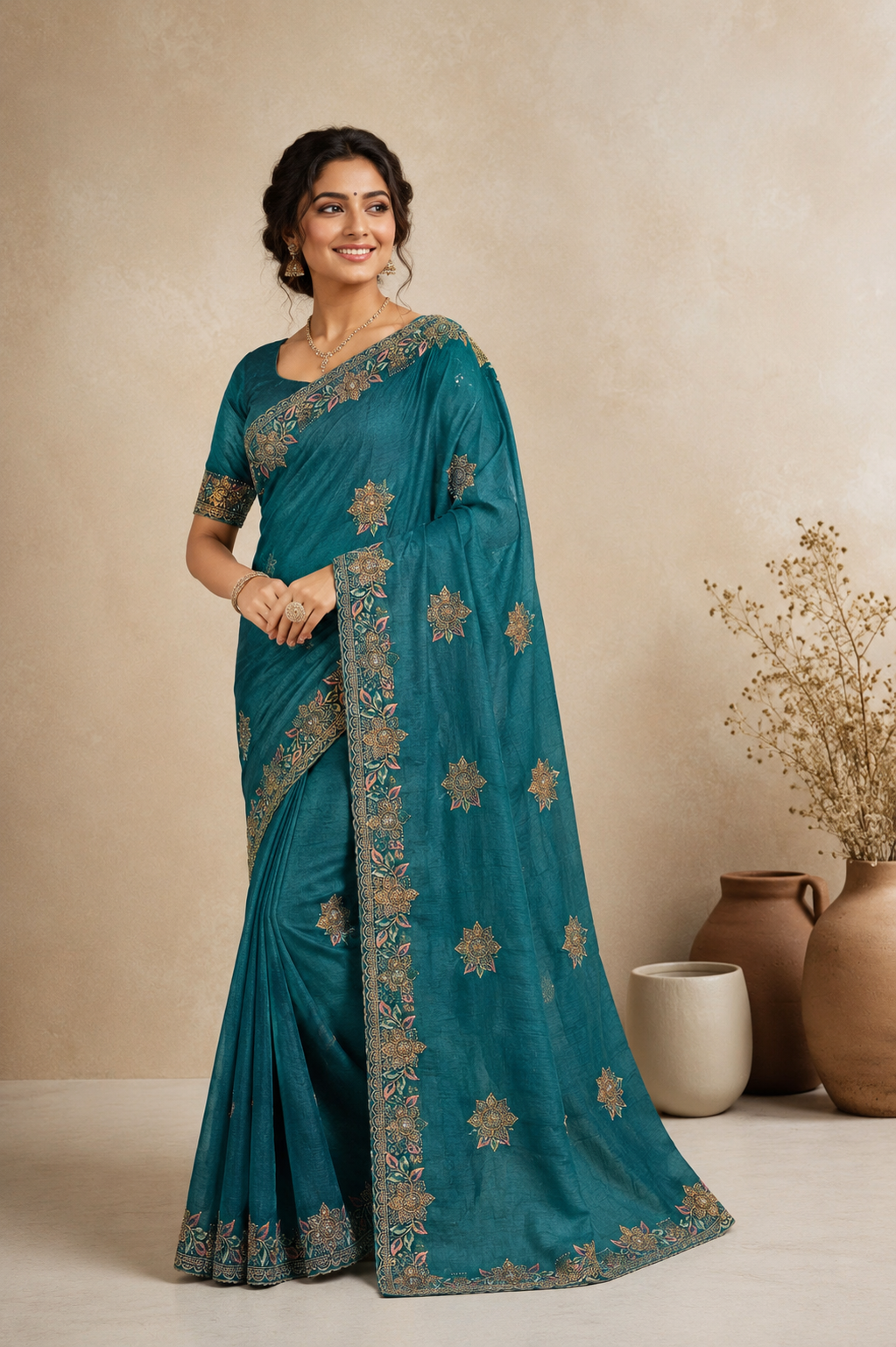Embroidered Silk Blend Saree with Elegant Floral Zari Border