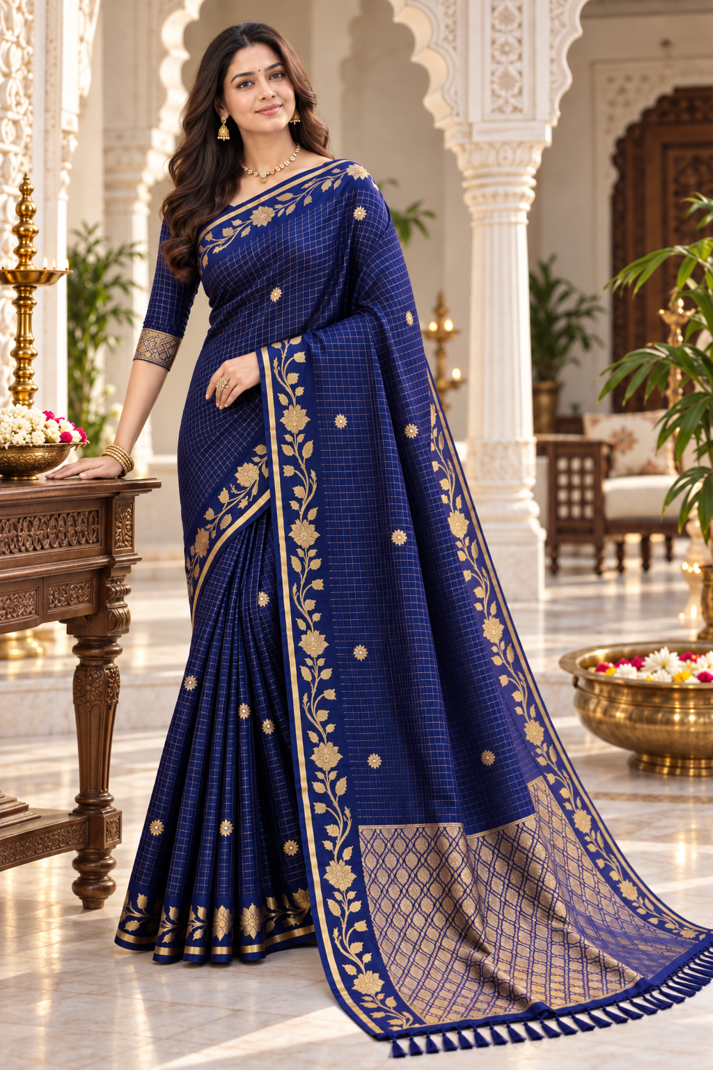 Royal Blue Zari Floral Saree