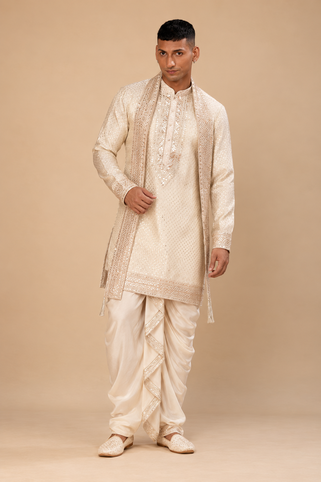 Premium Ivory Cream Embroidered Kurta Dhoti Set with Designer Stole