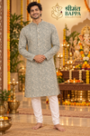 Men's Sage Green Leaf Printed Long Sleeve Kurta