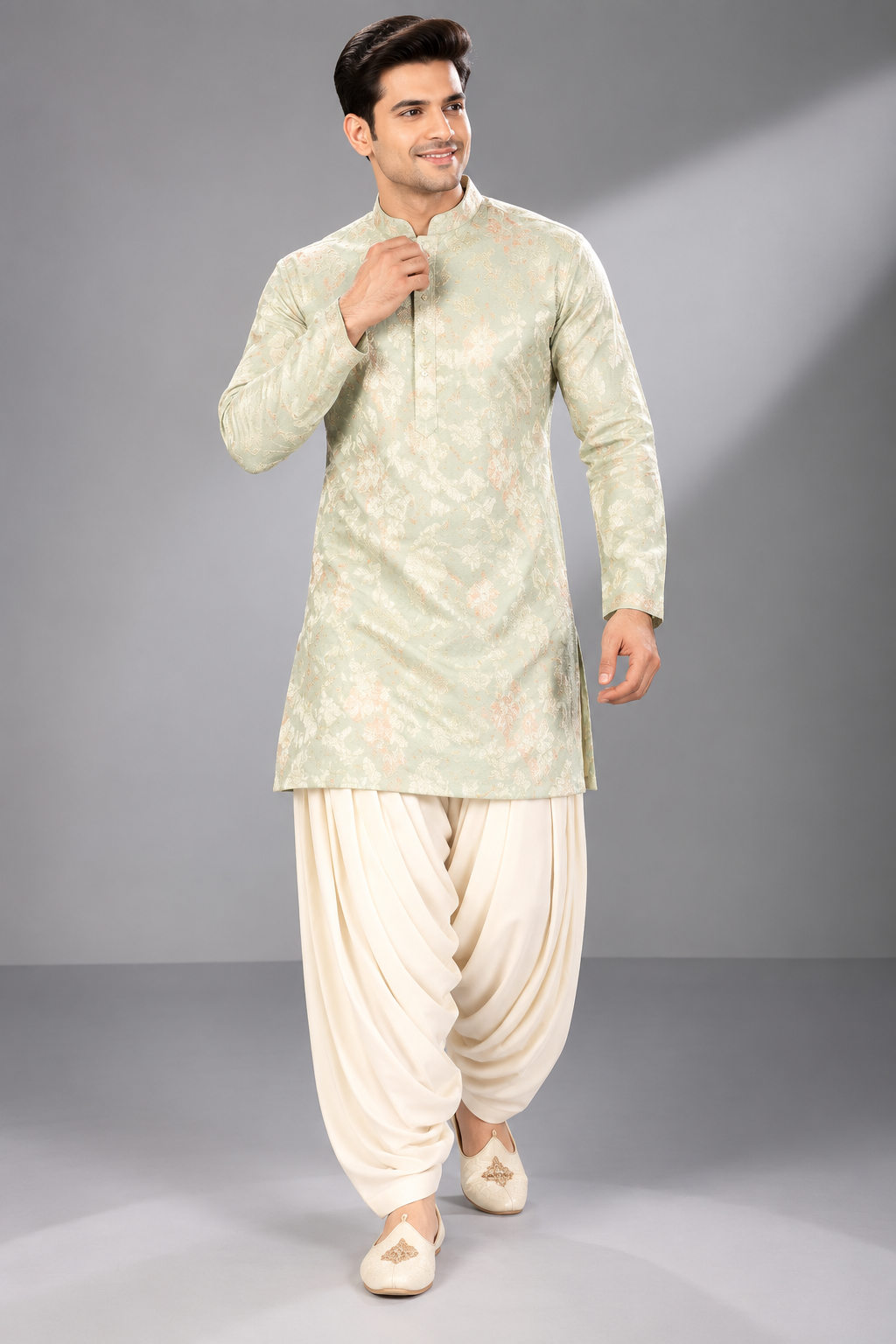 Pastel Mint Jacquard Kurta with Ivory Dhoti